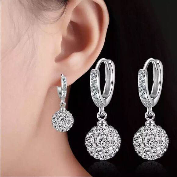 NEW 925 Sterling Silver Crystal Ball Hoop Earrings - Picture 1 of 10